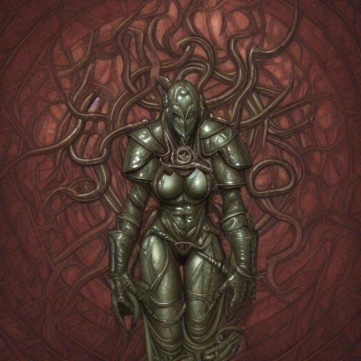 tree, tentacles, monster, breasts, statue, tribal, shield, holding shield, gloves, full armor