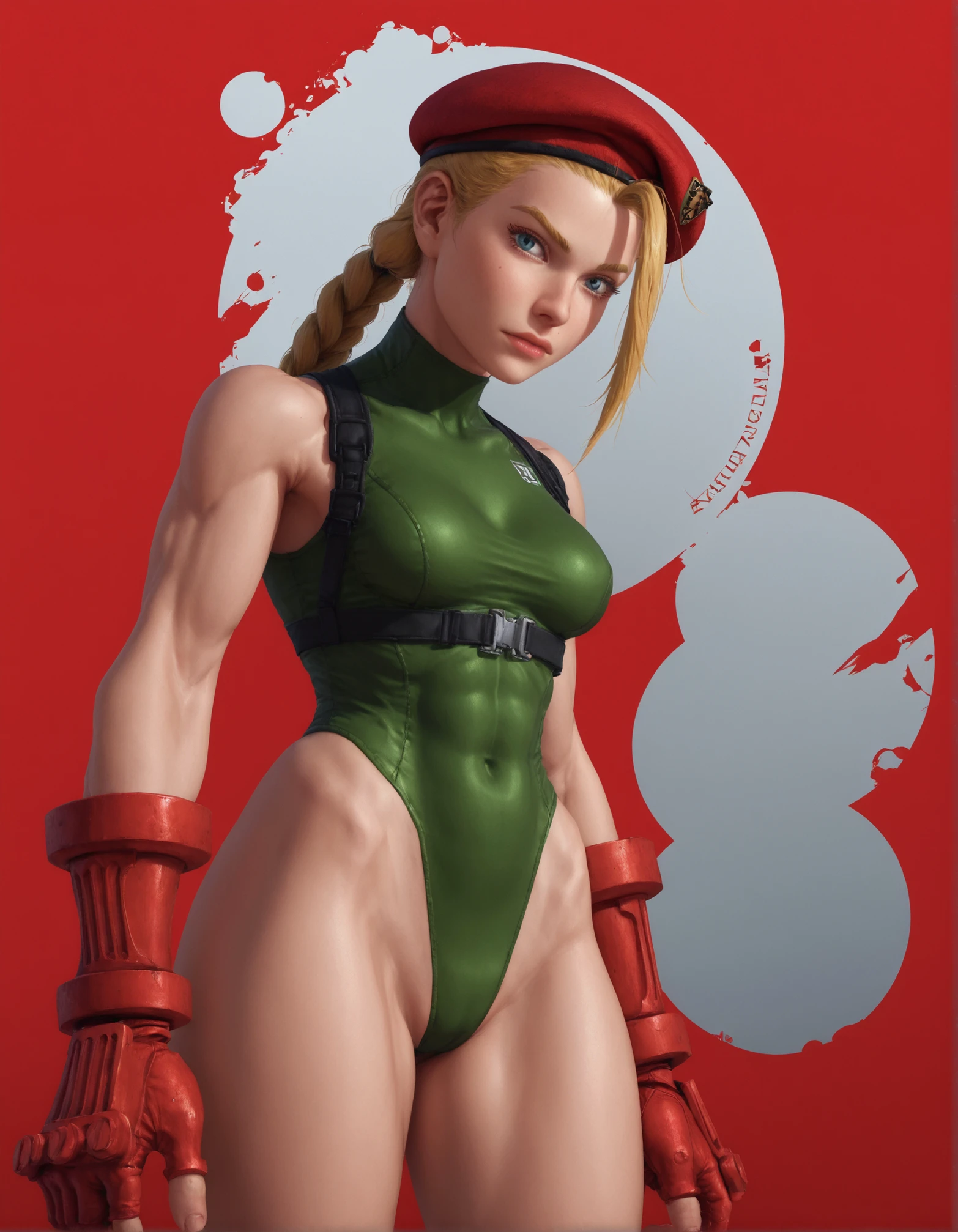 score_9, score_8_up, score_7_up,high res,full body,pov,digital art,concept art,high resolution,highly detailed,cmw woman, 1girl, solo, blonde hair ponytail,red beret,green leotard,gloves looking at viewer,barefoot,street,looking at viewer,from side,night,dark,gloomy