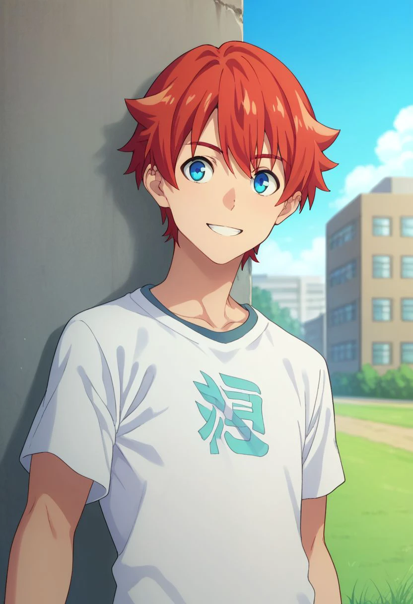 score_9, score_8_up, score_7_up, source_anime, highly detailed, 
yuta, 1boy, male focus, blue eyes, red hair, solo, t-shirt, short pants, bangs, upper body, smile
outdoor, street, grass, blue sky,