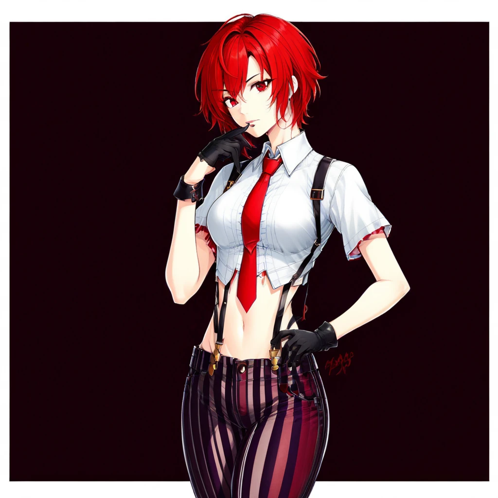 Red hair, red eyes, short hair, black gloves, suspenders, stripe pants, crop top, red necktie,