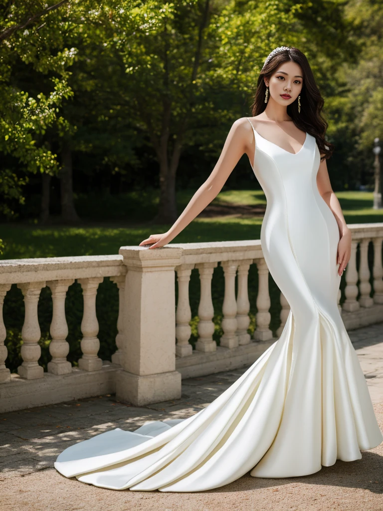 <lora:MWeddingDress:1> mdress, satin white mermaid wedding dress, 1girl, in the park,(8k, best quality, masterpiece:1.2), (realistic, photo-realistic:1.37), ultra-detailed, looking at viewer, full body, warm tone, cinematic light,