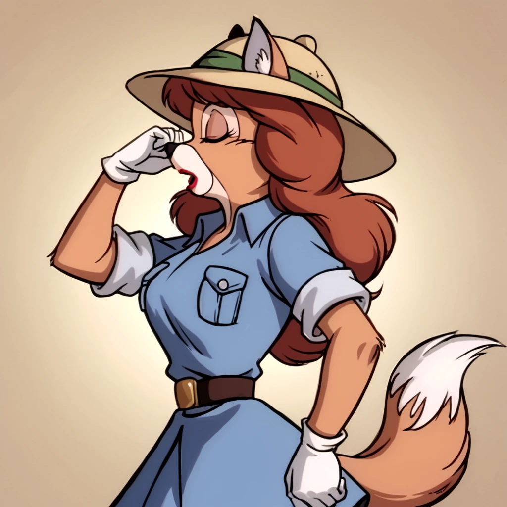 score_9, score_8_up, score_7_up, score_6_up, score_5_up, score_4_up, (Source talespin), (rating safe),  <lora:katiedodd:1>, katie dodd, 1girl, solo, breasts, open mouth, skirt, brown hair, shirt, gloves, hat, animal ears, medium breasts, standing, tail, closed eyes, upper body, short sleeves, cowboy shot, collared shirt, belt, white gloves, hand up, uniform, arm up, from side, fox ears, profile, fox tail, blue shirt, > <, furry, pocket, sun hat, retro artstyle, breast pocket, ears through headwear, animal nose, yellow headwear, snout, two-tone fur, furry female, fox girl, body fur, brown fur, lipstick, red lips