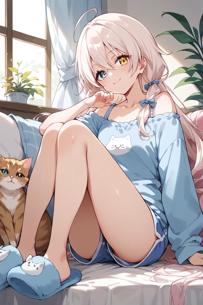 score_9, score_8_up, score_7_up, score_6_up, 1girl,
 <lora:Ichihoshi_Lumina:0.8> lumina, long hair, heterochromia, ahoge, white t-shirt, bare shoulder, blue pajama shorts, sit, cat slippers,