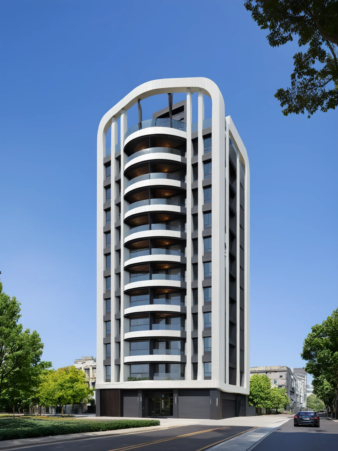 <lora:JJsApartment_XLv2:1>, masterpiece , best quality, ((Apartment)), outdoors, sky, day, tree, blue sky, ground vehicle, building, scenery, motor vehicle, walking, city, car, road, lamppost, street, real world location, . Clean lines, geometric shapes, minimalist, modern, architectural drawing, highly detailed , CURVY,