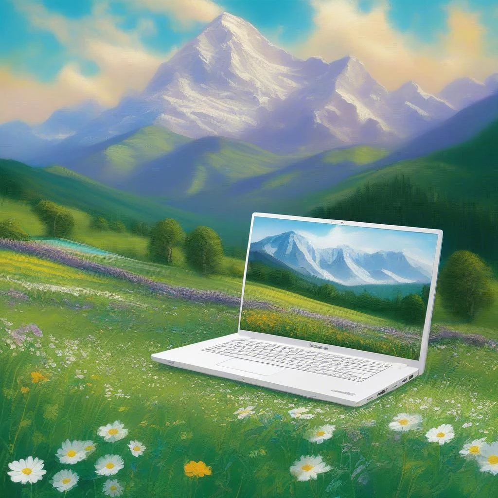  A white microsoft Laptop is in a Nestled amidst the majestic embrace of towering mountains, a breathtaking landscape awaits, like a scene from a painter’s wildest dreams. The air carries a crisp freshness, scented with the sweet blossoms of wildflowers that reach to touch the cerulean heavens. A verdant valley stretches as far as the eye can see, adorned with a quilt of emerald meadows, their lushness reflecting the kiss of morning dew. Through the heart of the valley, a tranquil river glides, its crystal-clear waters mirroring the surrounding peaks, creating a captivating tapestry of nature’s masterpiece. The sun, like a benevolent artist, paints the landscape with warm hues, casting a golden glow that bathes the scene in ethereal radiance. Snow-kissed mountaintops proudly stand sentinel, their jagged peaks reaching for the sky, where fluffy clouds playfully dance with the wind. In this realm of wonder, one cannot help but marvel at the sheer grandeur and embrace the serenity bestowed upon the soul by this awe-inspiring vista, pleasing and enjoyable to see, very real.