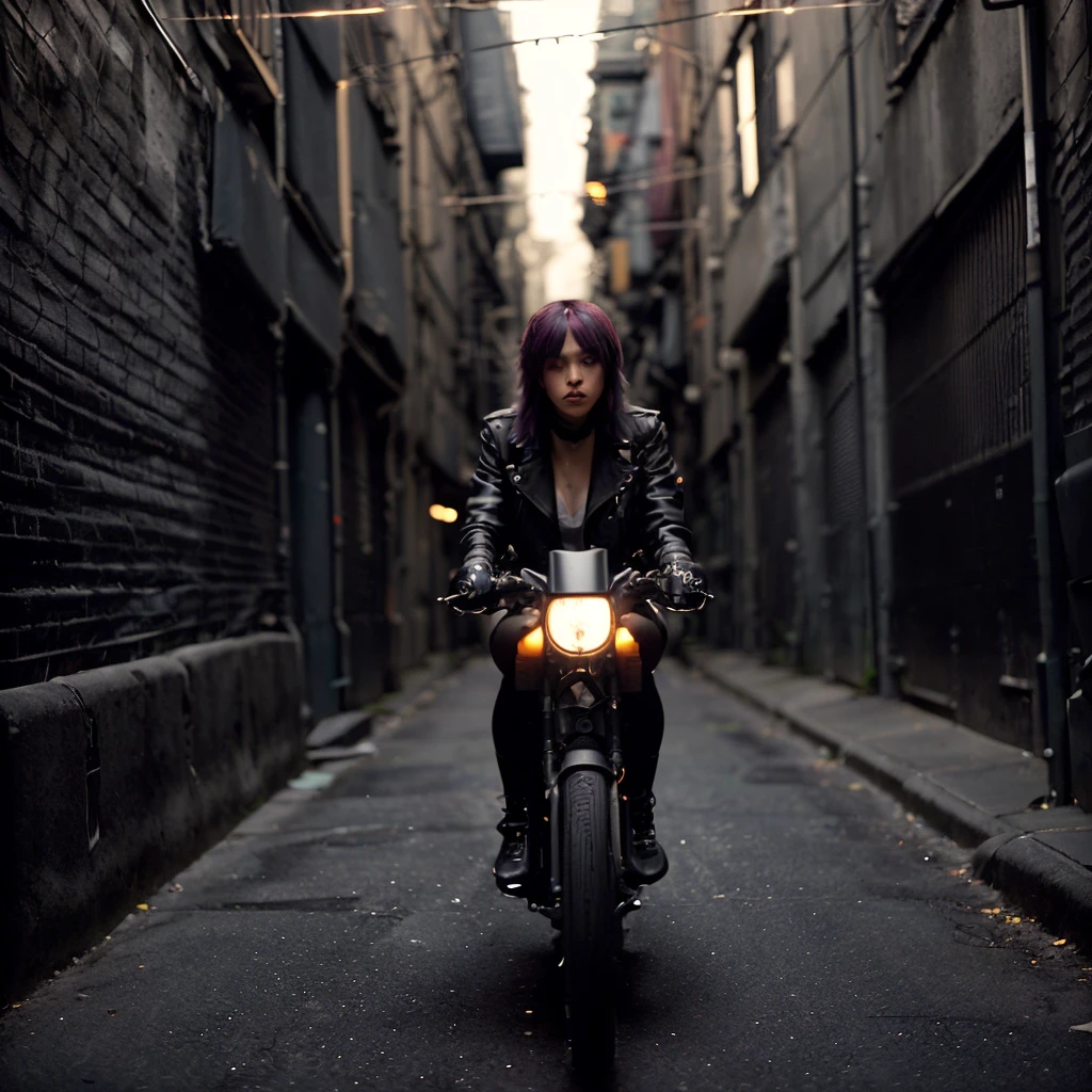 1girl, portrait, wolfcut, bangs, long layered hair, multicolored hair,
(Wrapped in a sleek leather jacket, accentuated by silver studs and chains, emanating a fierce and edgy aura), (A dimly lit alleyway, with shadows lurking in the corners, exuding an atmosphere of calculated intensity: 1.3), (seductive:1.3),(analog, cinematic, film grain, hazy atmosphere, cinematic shot:1.3),
<lora:concept_hairstyle_wolfCut_sd15_v1-wolfCut:0.8>