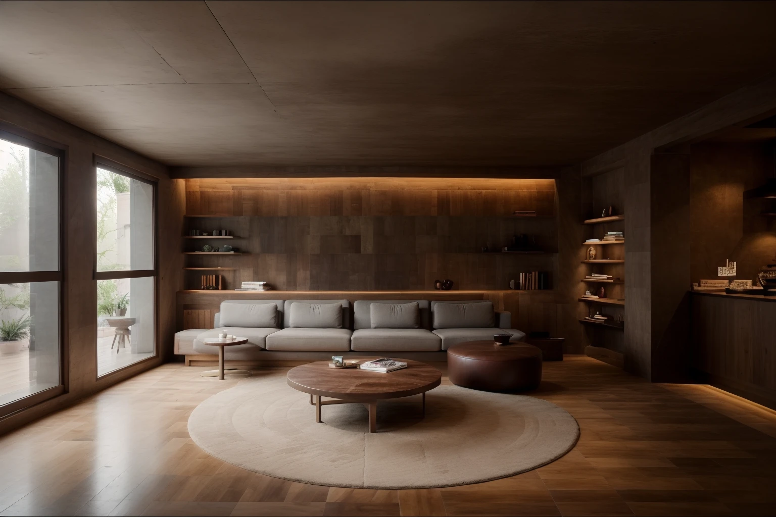 living room,contemporary style,dark red wooden grid,the space is layered and textured,a marble countertop,several books,a unique sculpture,a dark gray carpet,a round coffee table with books and decorative objects,a striped pattern,a set of dark brown leather sofas with clean lines and a few light-colored cushions,A decorative painting hangs on the wall and the lighting design is minimalis,cozy and modern,interior,indoors,brick,a large floor-to-ceiling window above the right,( window:0.9),warm atmosphere,modern minimalist style,<lora:redbrick:0.6>,