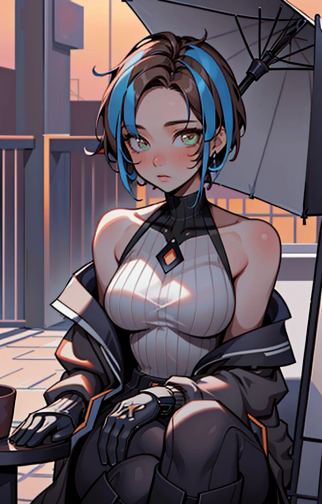 <lora:Tec-9_Girls_Frontline:0.6> tec9, green eyes, two-tone_hair, brown_hair, single blue streak in hair,  short_hair, jacket, gloves, white 'x' on shirt,  black_gloves, bare_shoulders, off the shoulder, black pants, boots, patio, table with umbrella, shadows, atmospheric lighting, sunset, potted plant, solo, 1girl, details,, best quality, masterpiece, detailed, 8K, uhd, (extremely detailed CG unity 8k wallpaper),(masterpiece), (best quality), (ultra-detailed), (best illustration), detailed face, skin pores, detailed skin, detailed eyes, high quality eyes, good quality hands, high resolution, great anatomy