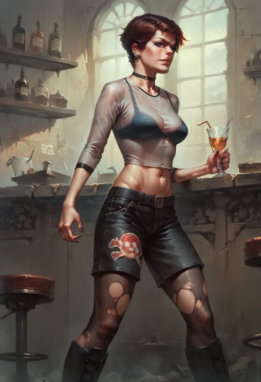 score_9_up, score_8_up, score_7_up, score_6_up, 1girl, solo, (lizzy_ow), see-through top, bra, black shorts, torn fishnets, black knee boots, earrings, piercing, jewelry, black nails, blue eyes, in a bar, (realistic), (painted art:1.3)