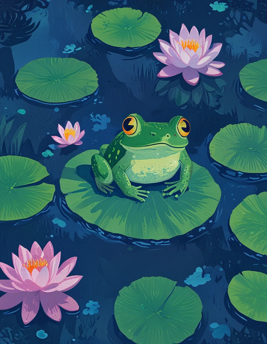 novuschroma04 frog on a lilypad in pond with water lily <lora:CBS_novuschroma04 style:1.5>