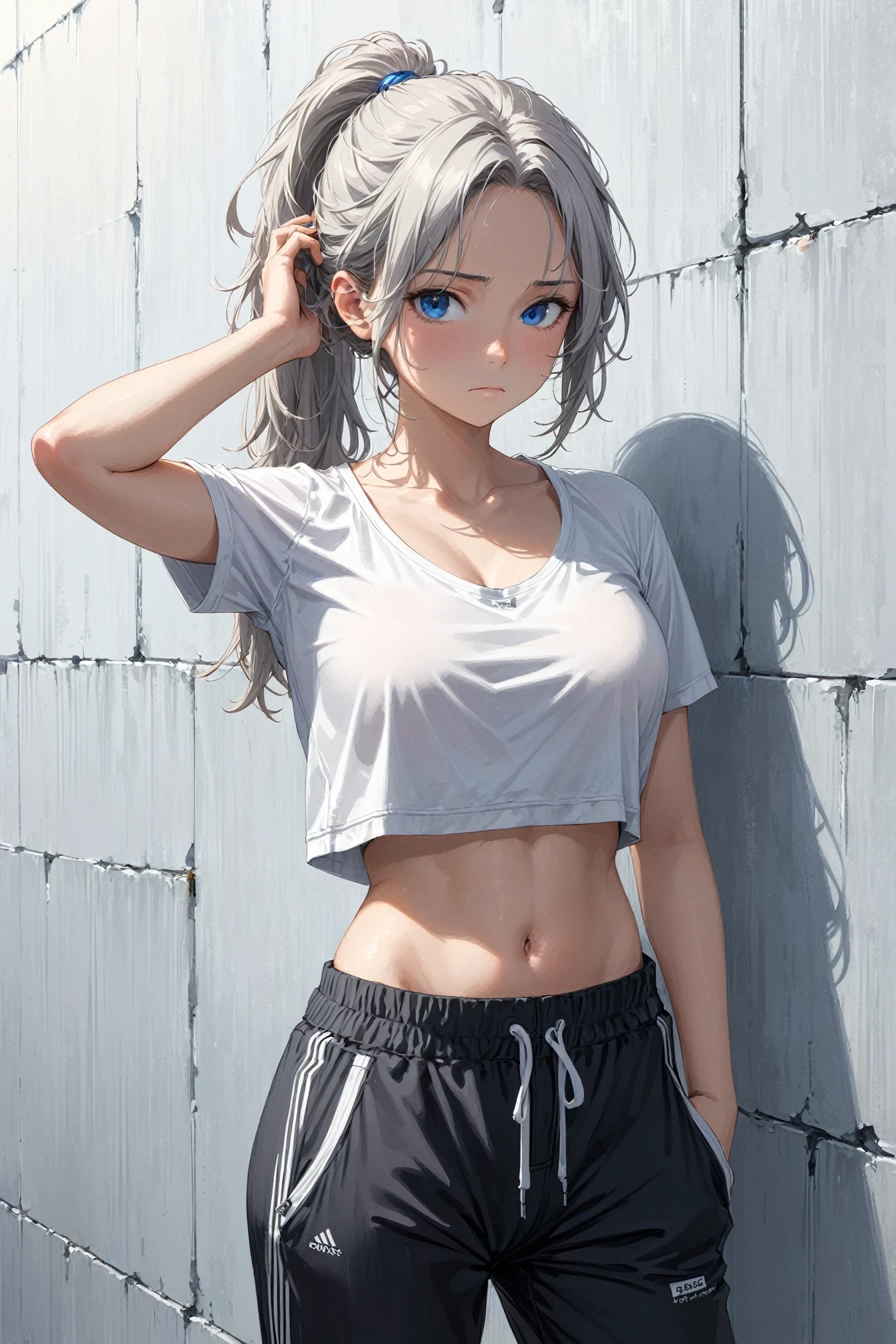 1girl, solo, black pants, blue eyes, bra, breasts, closed mouth, cowboy shot, dot nose, hand in own hair, hand up, light frown, looking at viewer, messy hair, midriff peek, navel, pants, parted bangs, ponytail, shirt, sidelocks, sideways glance, sweatpants, underwear, wall, white bra, white shirt, zipper pull tab, masterpiece, best quality