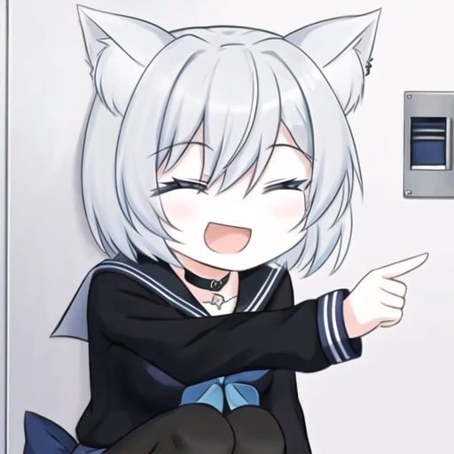 ketch,pointing-squatting,1girl,solo,cat ears,short hair,silver hair,blue eyes,black sailor uniform,blue ribbon,black choker,smile,closed eyes,open mouth,locker,sailor collar,blush,long sleeves,<lora:åå¶è¹²æ_pointing-squatting_è¡¨æå_v1.0:0.6>,<lora:ç²ç¥èå¾_sketch+chibi_è¡¨æå_v1.0:1.3>,<lora:20231216-1702709272930:0.6>,