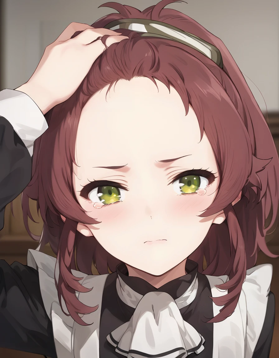 score_9, score_8_up, score_7_up, source_anime,
1girl, solo, looking at viewer, indoors, blurry background, depth of field,
<lora:revealing_forehead_concept-soralz:0.9>,
revealing forehead, hand on own hair, looking at viewer, blushed, blurry background, upper body, forehead, blush, embarrassed, tears,
<lora:aisha_greyrat_anime_s2-soralz:1>, aisha_greyrat, yellow green eyes, brown hair, ponytail, sidelocks, long hair, long sleeves, white ascot, maid