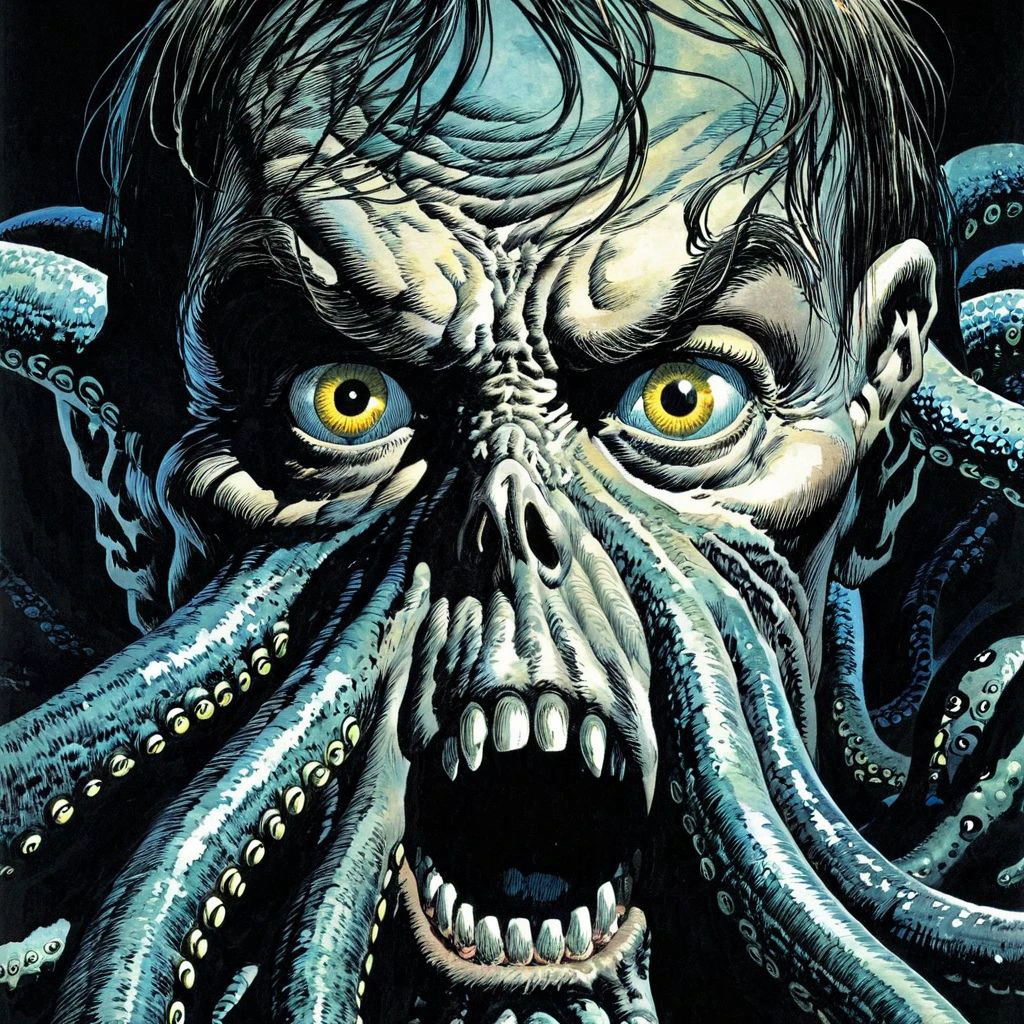 color illustration in berniewrightson style, extremely detailed, masterpiece, tenebrism, high contrast,
Kraken
haunted eyes,
Quantum flux field in the background,
horrified expression
<lora:BernieWrightson_Style_XL_V4.1:0.7>