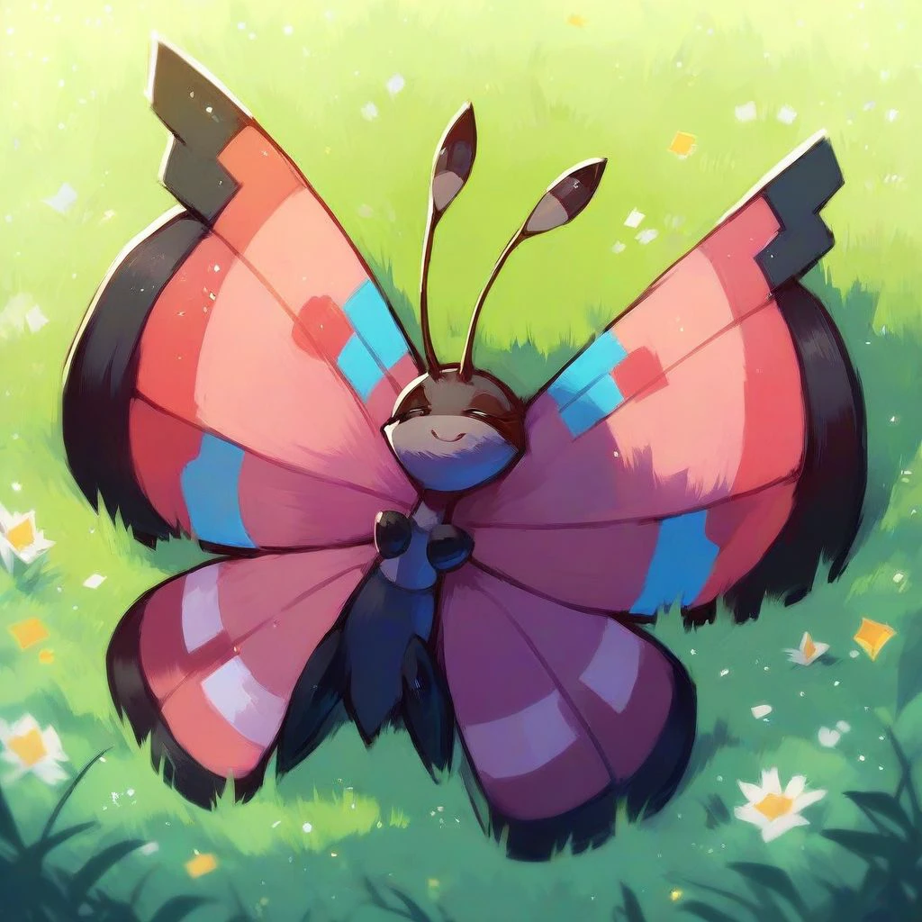 score_9,score_8_up,score_7_up,score_6_up,score_5_up,score_4_up,, Vivillon, pokemon (creature), butterfly wings, closed eyes, antenna, solo, no humans, sleeping, smile, grass, on grass, lying, outdoors, light particles