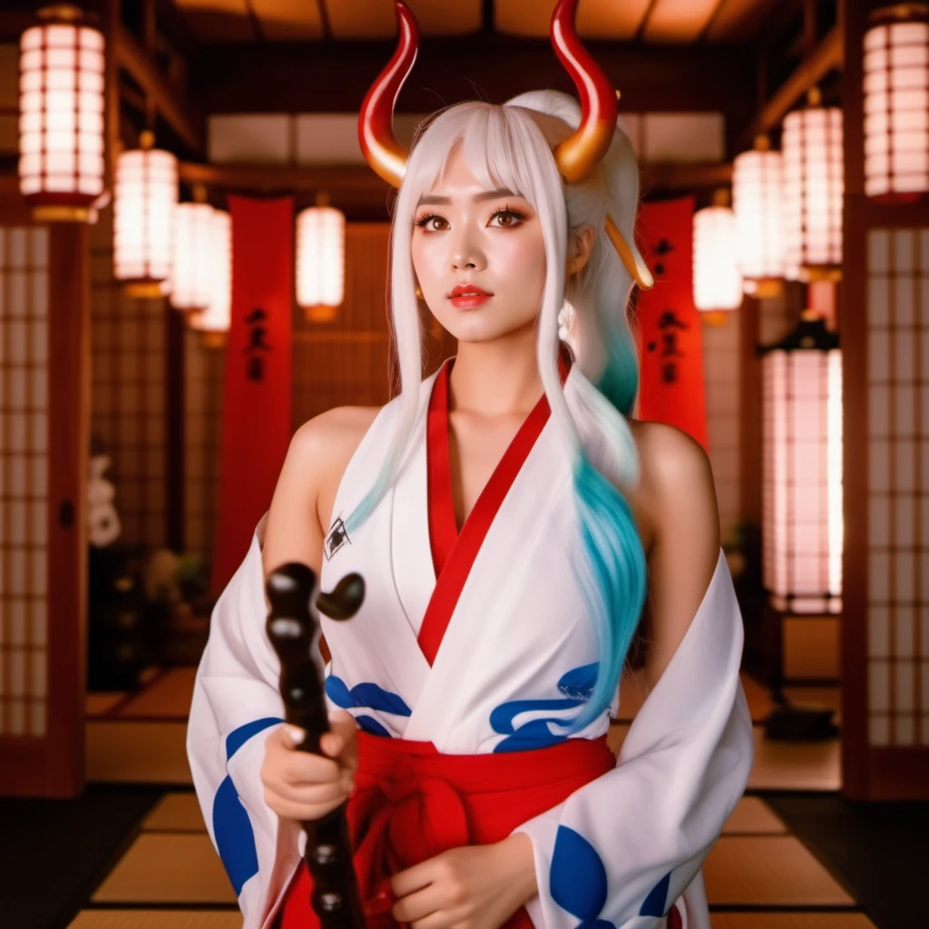 cinematic photo a full body woman, brown eyes, large breast, sideboob, holds a club, hair stick, red horns, sleeveless, white hair, japanese clothes, hakama, in a japanese temple <lora:Yamato1024:0.8> . 35mm photograph, film, bokeh, professional, 4k, highly detailed