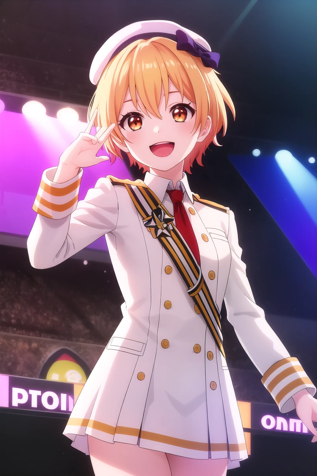 (masterpiece, best quality), highly detailed background, perfect lightingbest quality, saginumariko, solo, indoors, stage, idol, beret, white headwear, blonde hair, orange hair, hair between eyes, streaked hair, short hair, orange eyes, small breasts, epaulettes, white jacket, white shirt, orange necktie, sash, buttons, long sleeves, white skirt, pleated skirt, idol clothes, smile, open mouth, :d, <lora:Saginuma-Riko:0.7>