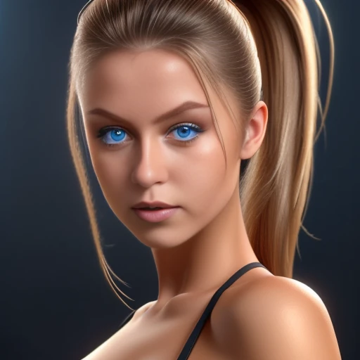 20 year old woman, tone body, dark blonde hair, tight ponytail, blue eyes, sexy look, sexy, very beautiful face, beautiful eyes, detailed eyes, perfect fingers