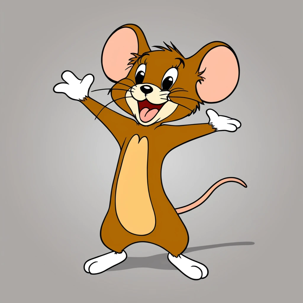 anime artwork of  <lora:animated cartoon style:0.8>
Jerry A cartoon animated picture of a cartoon brown mouse standing up with its paws spread, animated cartoon style, solo, smile, open mouth, simple background, animal ears, standing, tail, full body, :d, black eyes, no humans, transparent background, furry, whiskers, anime style, key visual, vibrant, studio anime,  highly detailed