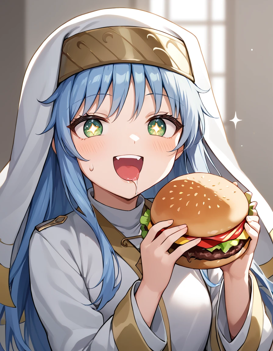 score_9, score_8_up, score_7_up,
ind3x, solo, smile, open mouth, blue hair, :d, food, sweatdrop, saliva, eating, drooling, robe, + +, nun, habit, sparkling eyes, burger, safety pin
 <lora:index:1>