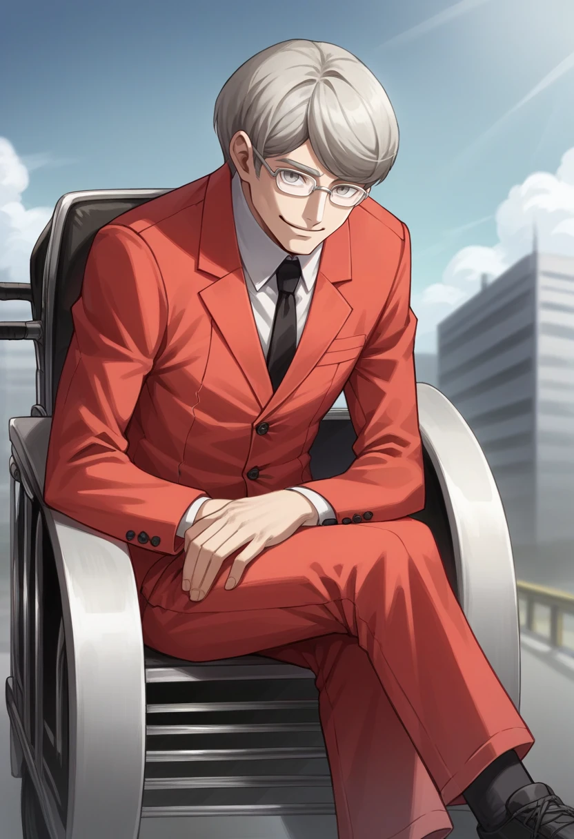 score_9, score_8_up, score_7_up, source_anime BREAK 1boy, solo,
 <lora:zs_StephenXL:1> stephensmt, grey hair, short hair, grey eyes, glasses, red blazer, white shirt, black tie, red pants, wheelchair, sitting
ruined city, post apocalyptic, looking at viewer, smile, grey sky