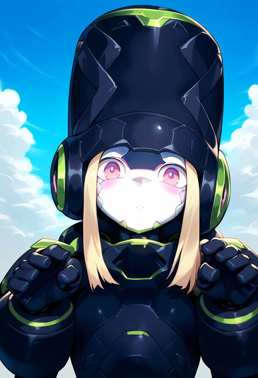 score_9, score_8_up, score_7_up, genista, 1girl, solo, purple eyes, upper body, sky, pink eyes, blue sky, glowing, robot, mecha, android, cute pose, shy face, full body