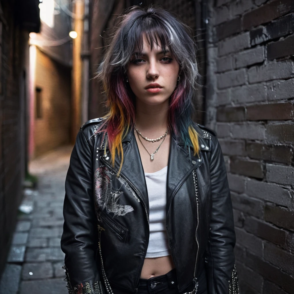 1girl, portrait, wolfcut, bangs, long layered hair, multicolored hair,
(Wrapped in a sleek leather jacket, accentuated by silver studs and chains, emanating a fierce and edgy aura), (A dimly lit alleyway, with shadows lurking in the corners, exuding an atmosphere of calculated intensity: 1.3), (seductive:1.3),(analog, cinematic, film grain, hazy atmosphere, cinematic shot:1.3),
<lora:concept_hairstyle_grungeFlair_sdxl_v1-grungeFla1r:0.6>