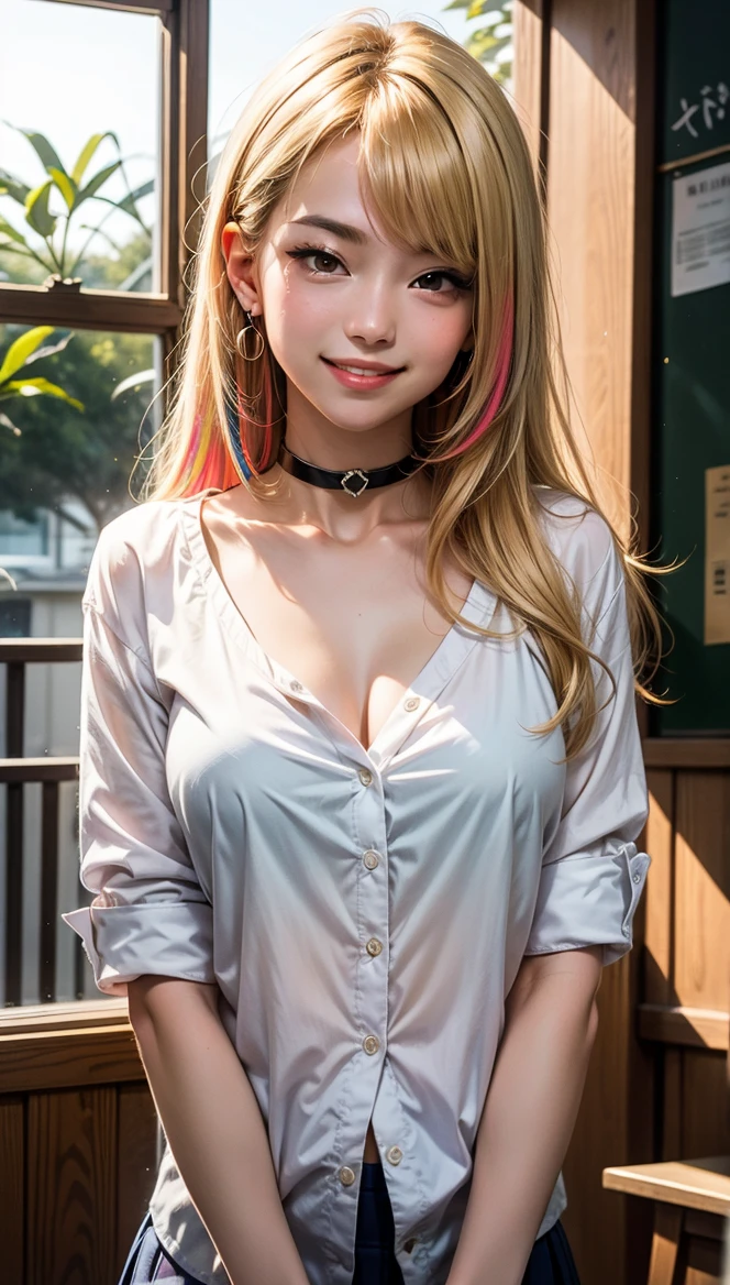kitagawa marin, 1girl, solo, choker, blonde hair, long hair, black choker, shirt, smile, red eyes, looking at viewer, white shirt, bangs, indoors, multicolored hair, school uniform, collared shirt, upper body, closed mouth, collarbone, blurry background, meme, open clothes, <lora:Sono Bisque Doll wa Koi wo Suru - Marin Kitagawa Updated:0.8>