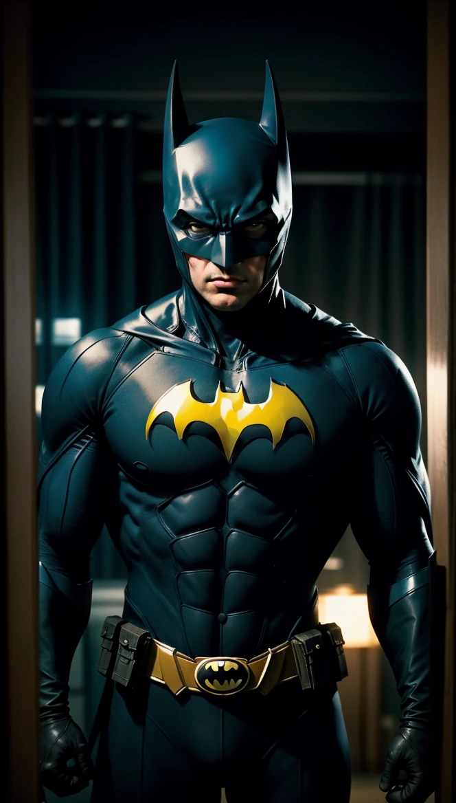 cinematic film still of <lora:Batman 2016 SD1.5:1.2>
batman a man in a dark blue batman costume is seen in a dark room, shallow depth of field, vignette, highly detailed, high budget, bokeh, cinemascope, moody, epic, gorgeous, film grain, grainy