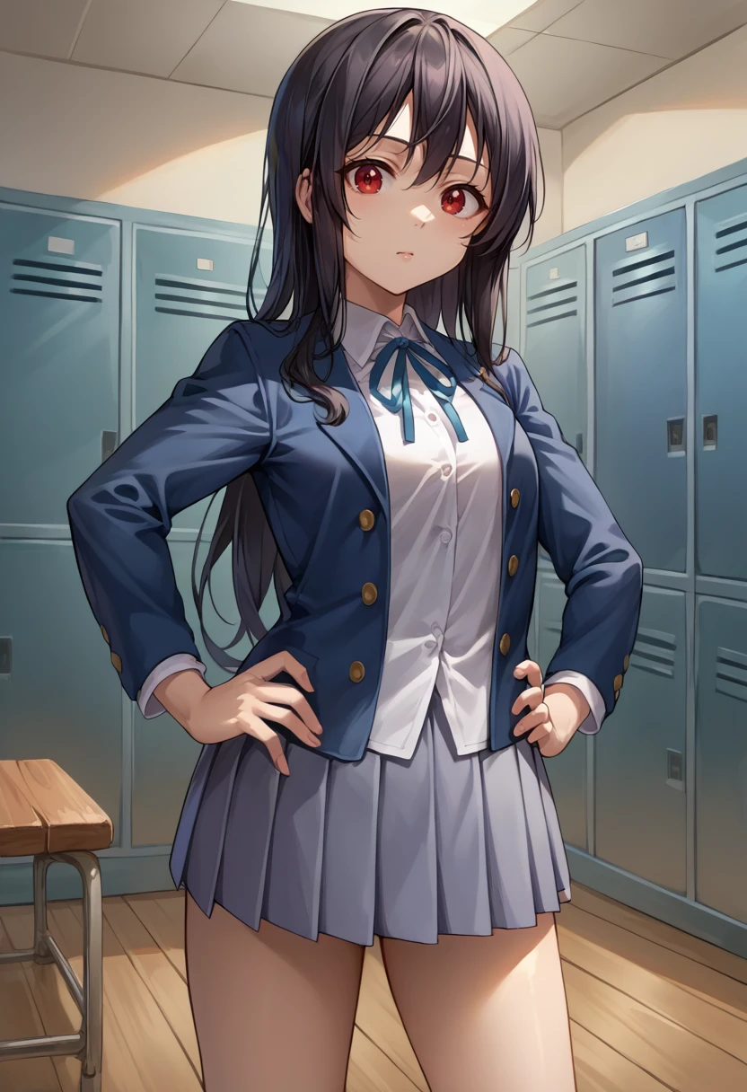 score_9, score_8_up, source_anime, 1girl, solo, black hair, long hair, red eyes, thighs, indoors, locker room, hands on hips, SakuragaokaWinter, sakuragaoka high school uniform, open jacket, blue jacket, white shirt, long sleeves, neck ribbon, grey skirt, <lora:ChamSakuragaokaHighPonyXL:1>