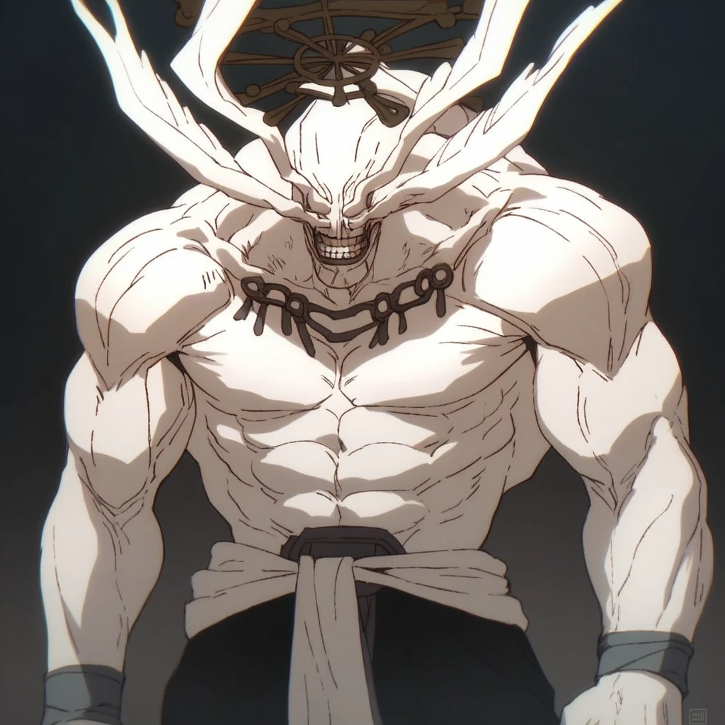 score_9, score_8_up, score_7_up, masterpiece BREAK Mahoraga, demon, muscular male, 1boy, solo, white skin, halo, large muscles, standing, teeth, looking down