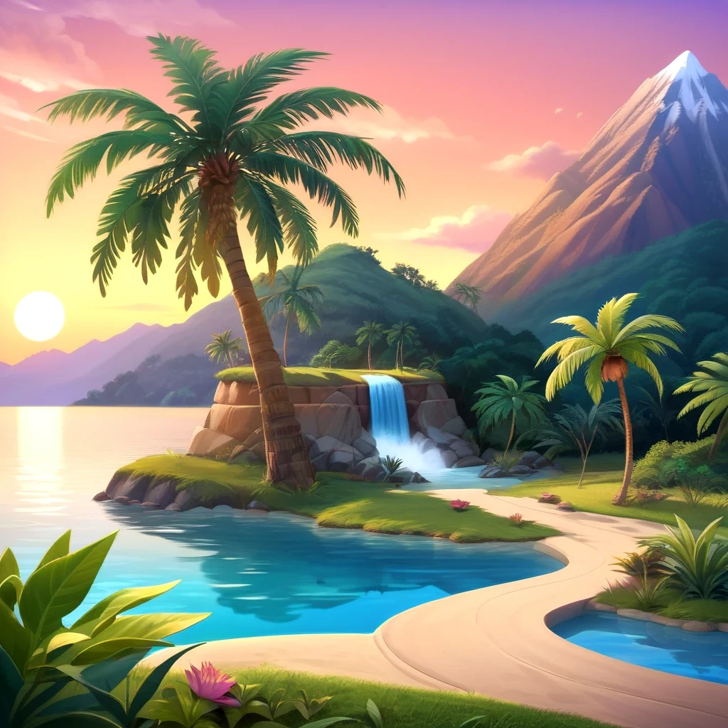 (masterpiece), realistic lighting,vivid color,ultra sharp,score_9, score_8_up, score_7_up, score_6_up, score_5_up, score_4_up,source_anime, realistic illustration, intricate details, hyperdetailed, extremely sharp,4k, (Kairunoburogu, by neocoill:0.5), Ink illustration, Ink illustration, a tree house, rustic, stilt house, on a beautiful tropical beach, surrounded by mountains, waterfalls, flagstone floor, wood, palm trees, streams, water lilies, natural pools, vibrant color palette, sunrise, hissing clouds