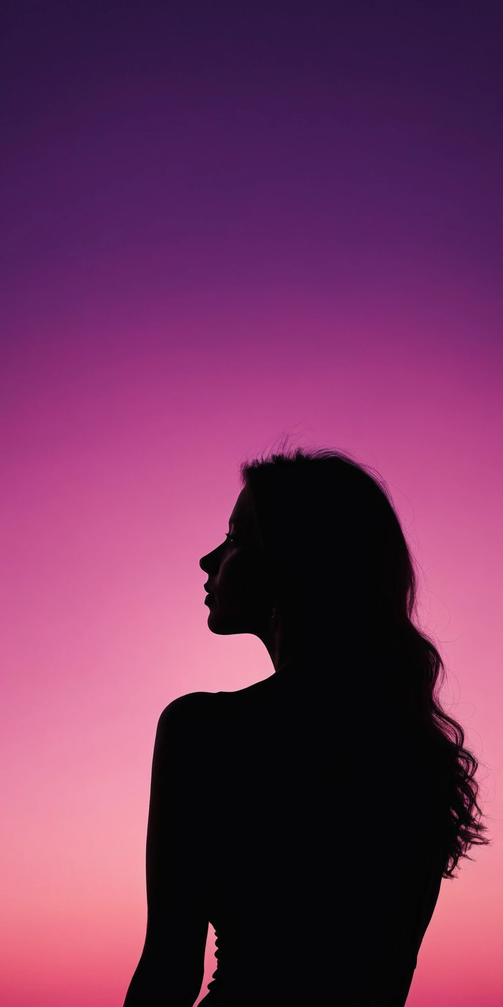 Woman's back,silhouette,pink and purple sky,sunset,serene,warm,surrealism style,high contrast,high definition photography,<lora:HMSGåªå½±XL-000001:0.8>,