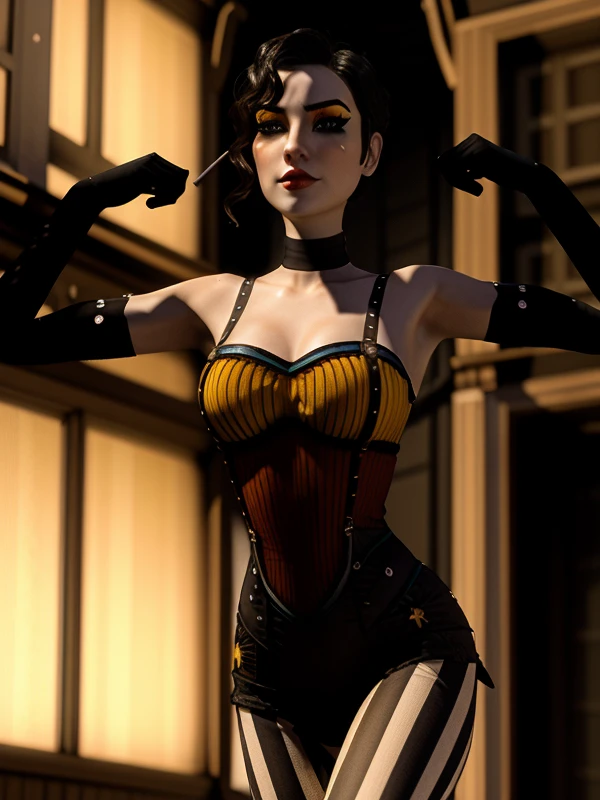 cntrst, cntrstDawn, tall slender woman, dynamic action pose, jumping in air, outstretched arms, wearing a red and yellow corset with black straps, black choker, black long gloves, black and white striped leggings stockings, dark shorts over it, (detailed face, correct eyes, correct facial features, focus on her face)+++, makeup, white skin, dramatic makeup with yellow eyeshadow, black eyeliner, bold red lips, pink blush, focus on face, smooth shading, detailed clothing, realistic cloth texture, fabric folds, dramatic lighting, shadows, 3d model, contrast game screenshot, (high resolution, best quality)+++, noir 1902s style, outdoor epic night Paris city scenery <lora:cntrst:0.9> <lora:lora_perfecteyes_v1_from_v1_160:0.8> photo of perfecteyes eyes, perfecteyes eyes