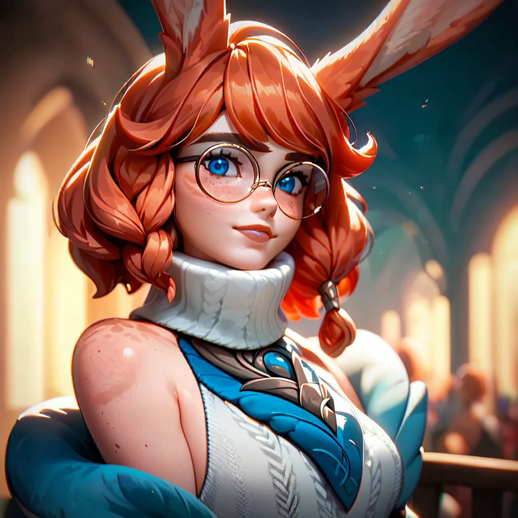 (((beautiful, high quality))), score_9, score_8_up, score_7_up, upper body,
AuroraLOL, 1girl, ginger hair, freckles, rabbit ears, rabbit tail, earring,
round glasses, sleeveless sweater, white fingerless gloves, rope belt, blue shorts, thighhighs,
blurred background, looking at the viewer, posing,