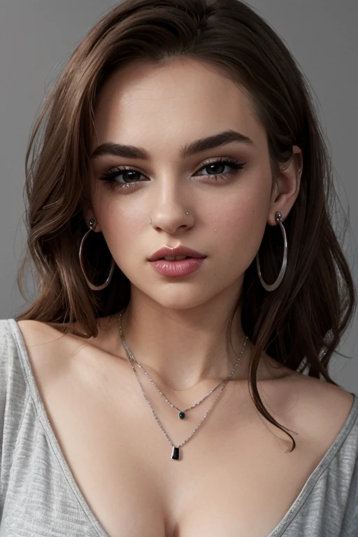 , simple Ash Gray background, upper body, at front, portrait, <lora:GoodHands-vanilla:0.8> better_oppai, dramatic eyeliner, earrings, necklace, gloss lipstick <lora:Wendy:.7>