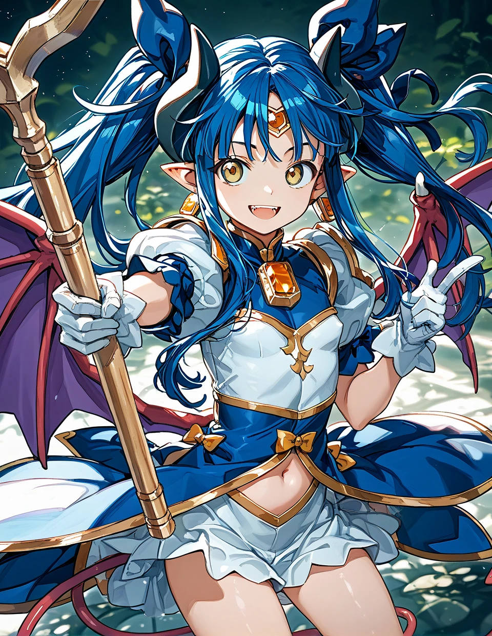 1girl,solo,<lora:magicalruruie_pony:1>,magical ruruie,blue hair,yellow eyes,horns,ribbon,gloves,pointy ears,wings,bow,white gloves,demon girl,dress,tail,hair ribbon,navel,demon tail,white skirt,forehead jewel,holding staff,smile,, score_9,score_8_up,score_7_up,source_anime,masterpiece,best quality,perfect anatomy,very aesthetic,absurdres,