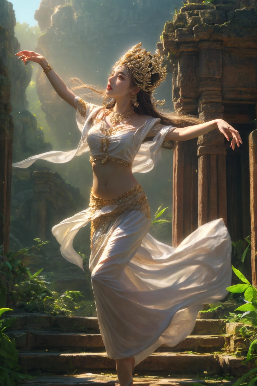 zwx goddess, 1girl, portrait, full body, necklace,jewelry, navel, dancing, ancient temple, plant, overgrown, long hair, zwx lost wonder,  <lora:The Lost Wonder Goddess_epoch_5:0.7>,<lora:add_detail:0.6>, RAW candid cinema, 16mm, color graded portra 400 film, remarkable color, ultra realistic, textured skin, remarkable detailed pupils, realistic dull skin noise, visible skin detail, skin fuzz, dry skin, shot with cinematic camera