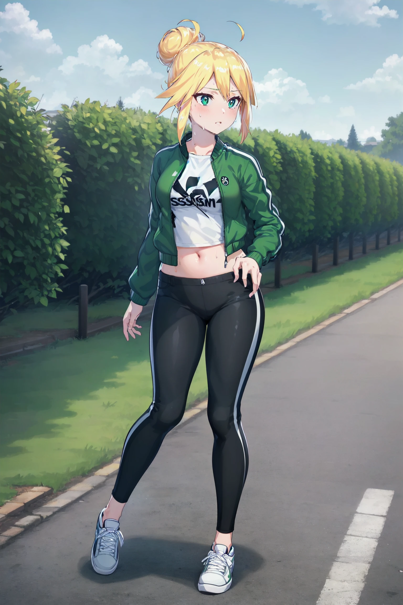 absurdres, high detail, 4k,
outdoors, park, sky, full body,
jogging, steam, sweat, parted lips,
solo, superbia, single hair bun, aocasual, green jacket, long sleeves, open jacket, white shirt, crop top, navel, black pants, white footwear, sneakers,
<lora:MGCM-superbia-t1:0.7>