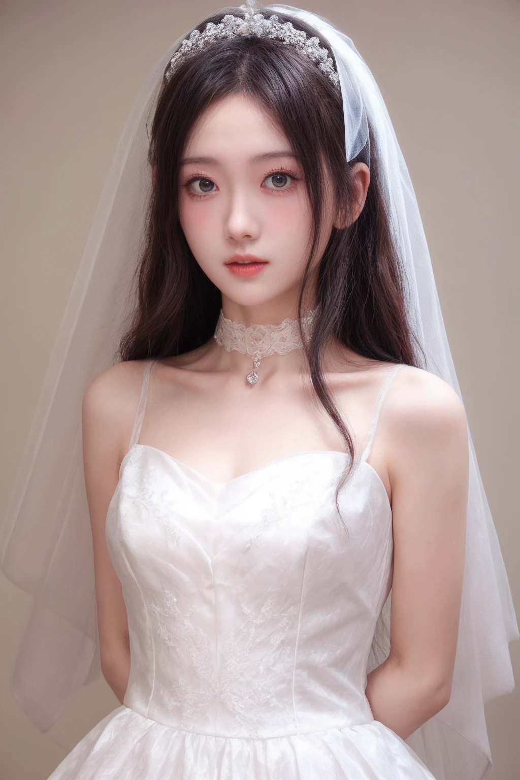 girl, high quality,  looking at viewer,upper body,wedding dress, bridal veil, simple background, lace trim, see-through, choker, arms behind back, blush, 
<lora:add_detail:1>    <lora:linger_v1-000007:0.45>  <lora:ip-adapter:0.65>