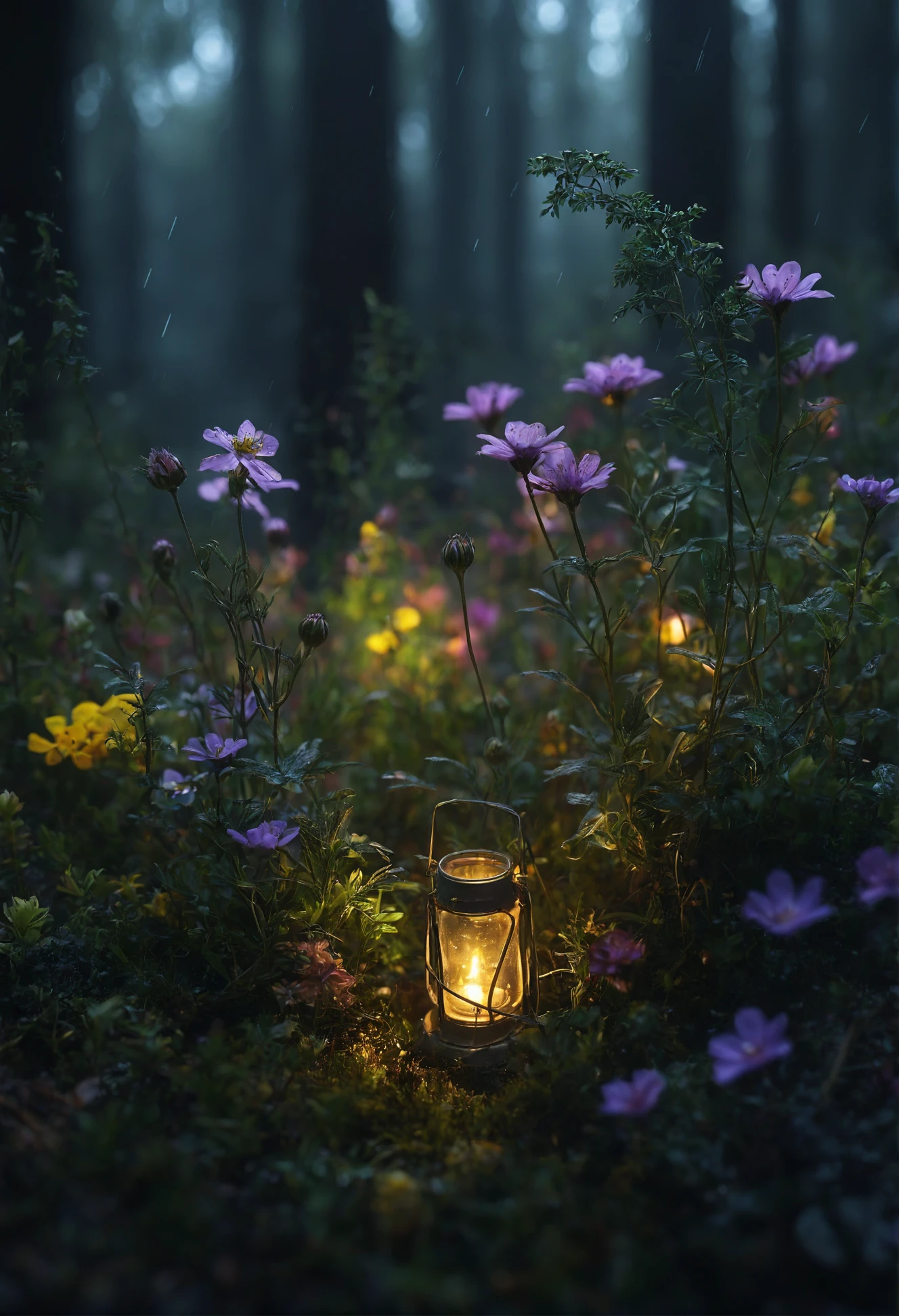 macro_shot, Artistic photo of different wildflowers, herbs and moss in the night forest during the rain in the warm light of a lantern,
soft natural volumetric perfect light, subsurface scattering, amazing textures, amazing composition,
masterpiece, professional, ultra-detailed, ultra-realistic, 8k artistic photography, high resolution detail, studio photo quality