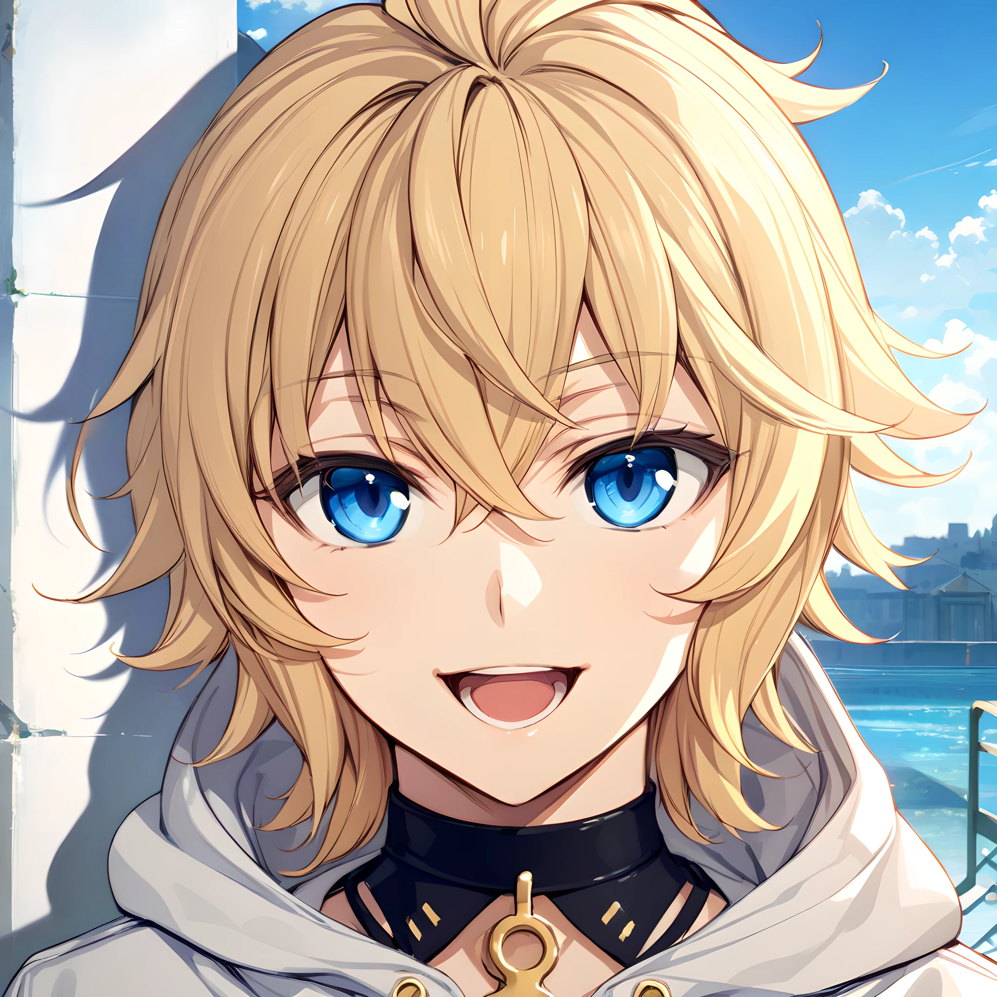 (masterpiece),(best quality),(ultra-detailed),(best illustration),(best shadow),(absurdres),(detailed background),(very aesthetic), hyakuya mikaela, blue eyes, blonde hair, solo, hood, smile, 1boy, male focus, open mouth, hoodie, sky, choker, cloud, looking at viewer, day, portrait,  <lora:mikaela:1>