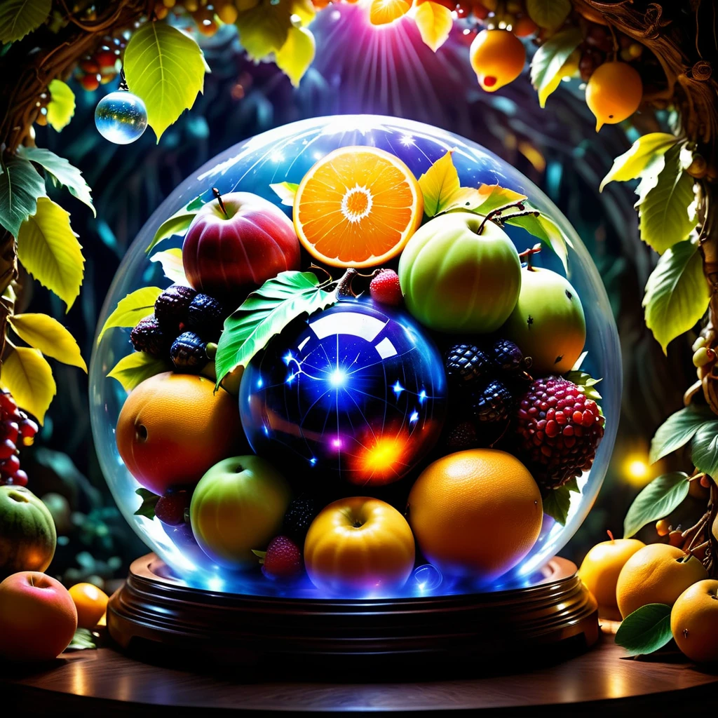 a bunch of fruits (((inside))) of a giant Jed-Gball, mystical atmoshpere <lora:Jed-Glassball:0.7>,