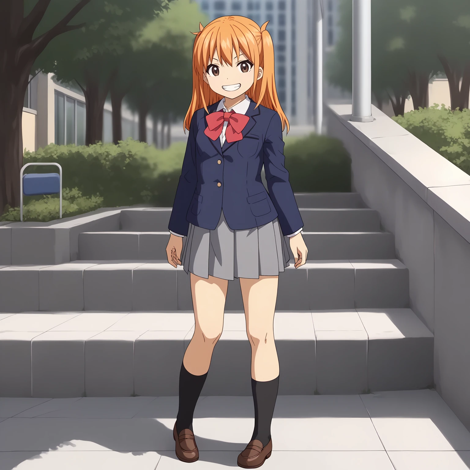 <lora:AgehaHikitaXLpony001>,
grin,
solo,
AgehaHikita,1girl,orange hair,two side up,brown eyes,
school_uniform,blue jacket,red bowtie,
pleated_skirt,gray skirt,
black socks,
outdoors,
full body,