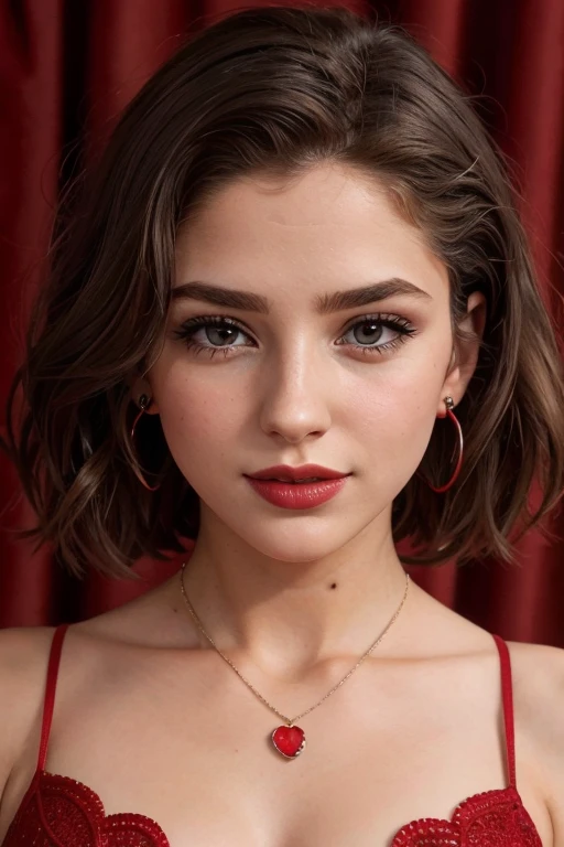 , simple Strawberry background, upper body, at front, portrait, <lora:GoodHands-vanilla:0.8> better_oppai, dramatic eyeliner, earrings, necklace, sheer lipstick <lora:Zoe:.7>