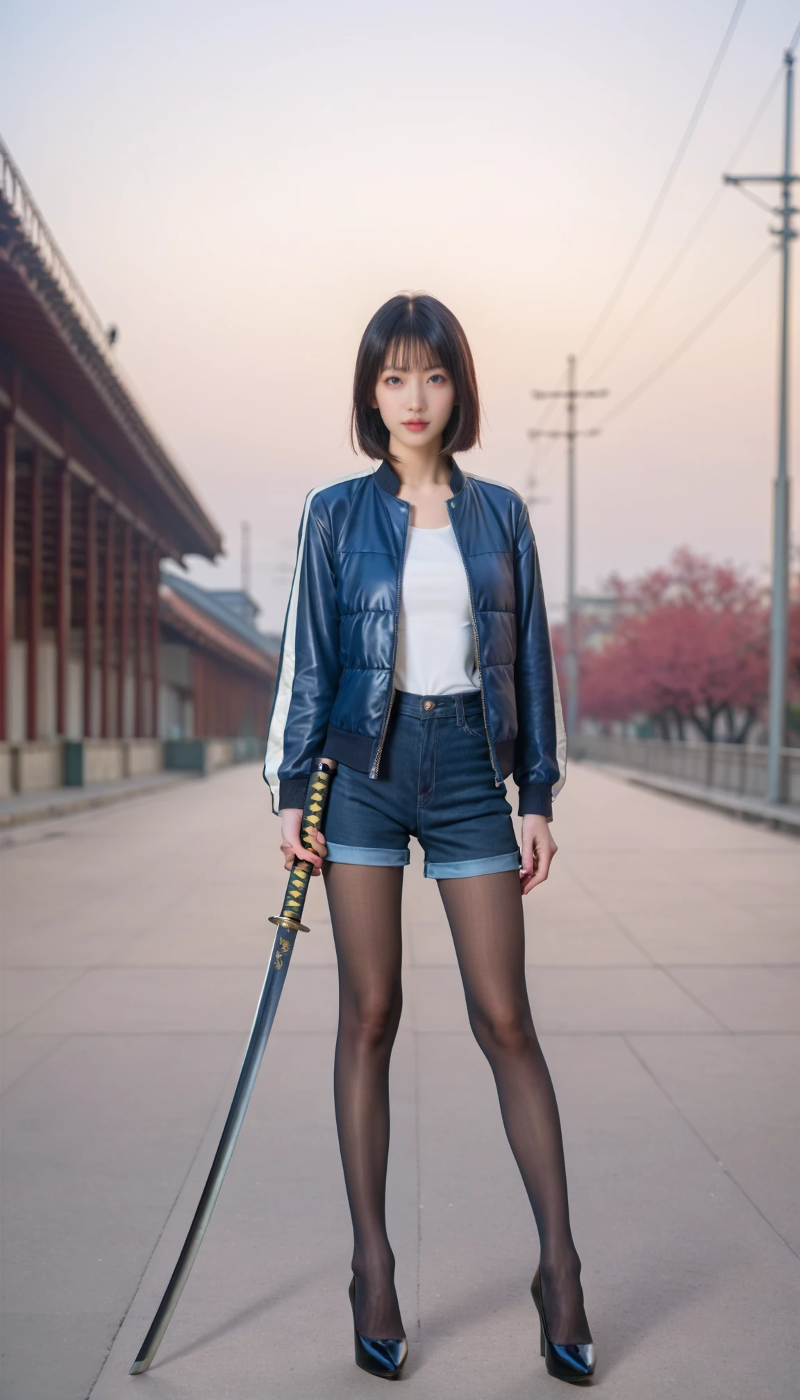 1girl, pantyhose, high heels, black hair, wearing shorts, Moto Jacket,   stand, outdoor, realistic, photorealistic, simple background, Fringe,   masterpiece, best quality, 8k, score_9, score_8_up, score_7_up, 
(holding katana, katana),  blur background, 
 <lora:katana-enhence:0.8>