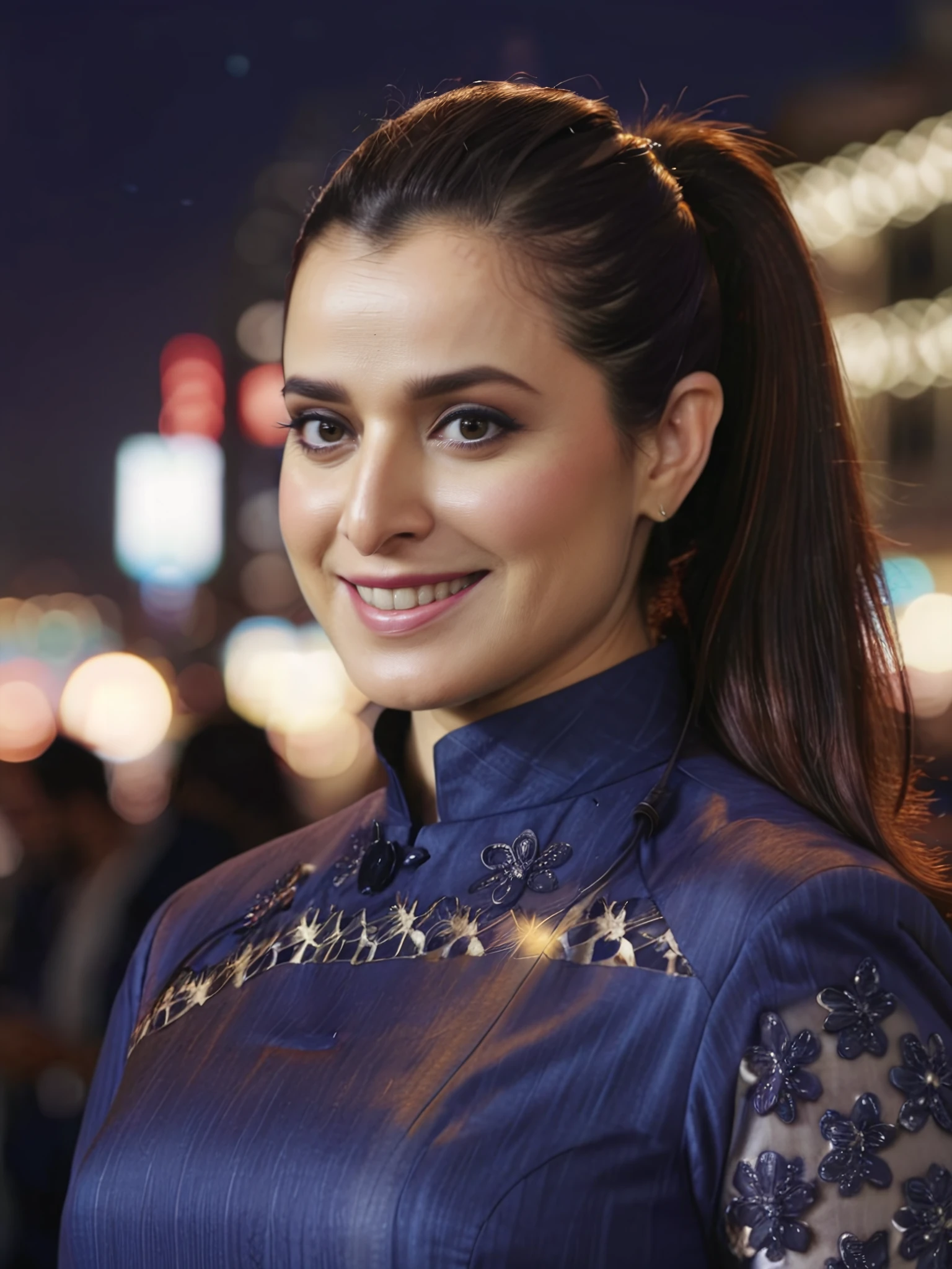 upper body photo of Simone Singh woman,  wearing conservative intricate Navy Blue colored clothing, ponytail, smile, looking at the camera, night time,soft lighting, city lights in bokeh  <lora:Simone_Singh_SDXL_LoRA_adafactor-000004:1>