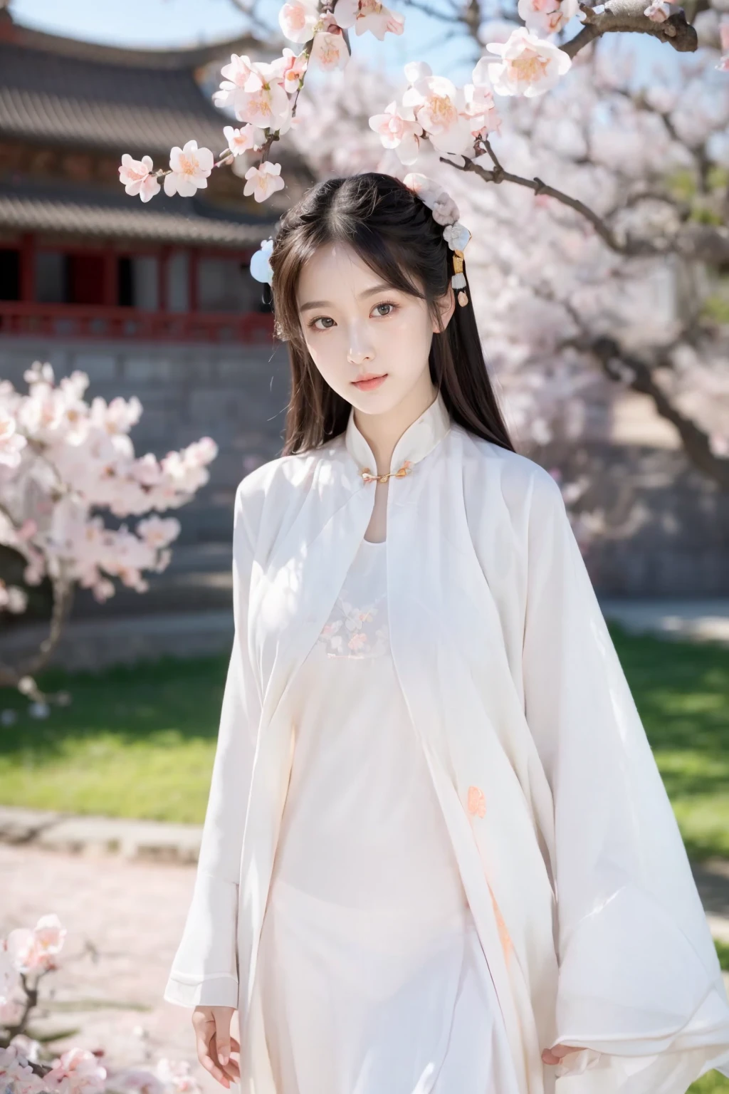 Realistic,best quality,masterpiece,8K,HDR,RAW,A pretty girl,seductive expression,charming,sex,1girl,((solo)),(standing),(large breasts),(outdoors,in spring,peach blossom,chinese-style architecture),(looking at viewer,),<lora:add_detail:0.6>,<lora:GoodHands-beta2:1>,<lora:ENNE å½é£é¿è¢è£_v3_09:1>,chinese clothes,