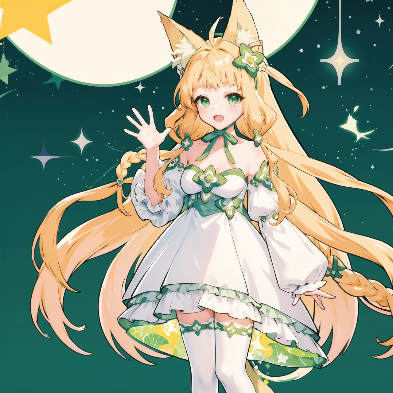 ((masterpiece)), 1girl, solo, <lora:chiffonMaimaiAnything0.0.5:0.95>, (blonde hair:1.1),  night, multicolored background, 
solo, animal ears, hair flower, long hair, thighhighs, green thigh strap, dress, green eyes, tail, fox ears, white dress, standing, legs together, zettai ryouiki, ahoge, open mouth, full body,  white thighhighs, blonde hair, braid, simple background, green hair ornament, looking at viewer, fox tail, animal ear fluff, very long hair, bare shoulders, breasts, medium breasts, cleavage, collarbone, cleavage cutout, ribbon, green star ornament, hair ornament, hand on own chest, chest jewel, green wedge heels, frilled dress, green flower ornament, fox girl, detached sleeves,hand up, waving, <lora:GoodHands-beta2:1.65>,