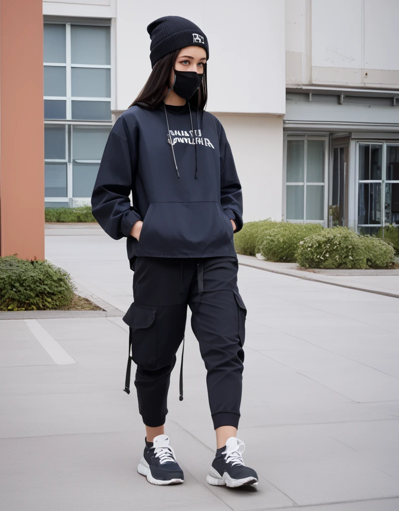 zPDXL2, <lora:TechwearV2:1>, t3chwear, 
1girl, cute face, detailed eyes, long black hair, blue eyes, black face mask, black beanie, walking on a sidewalk, headphones, hands in pockets, full body